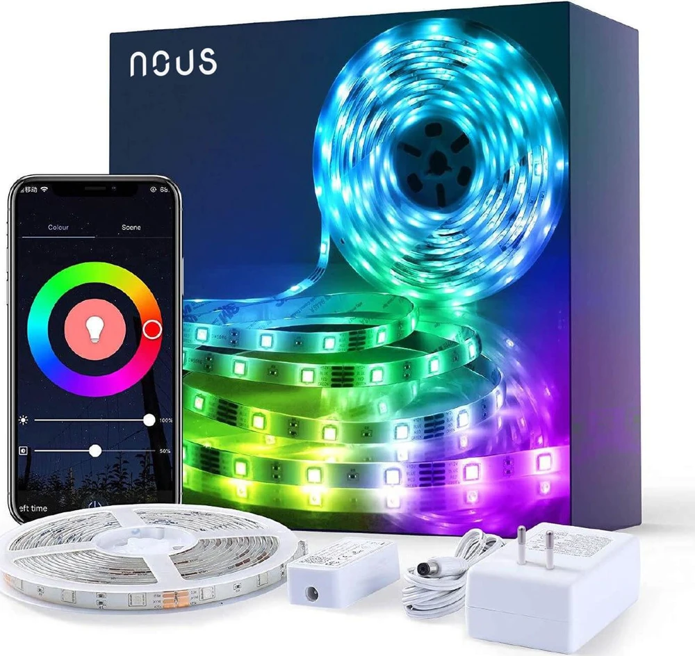 LED juostos komplektas su Wi-Fi valdikliu ir maitinimo šaltiniu, RGB, 5m, 24W, TUYA / Smart Life, NOUS