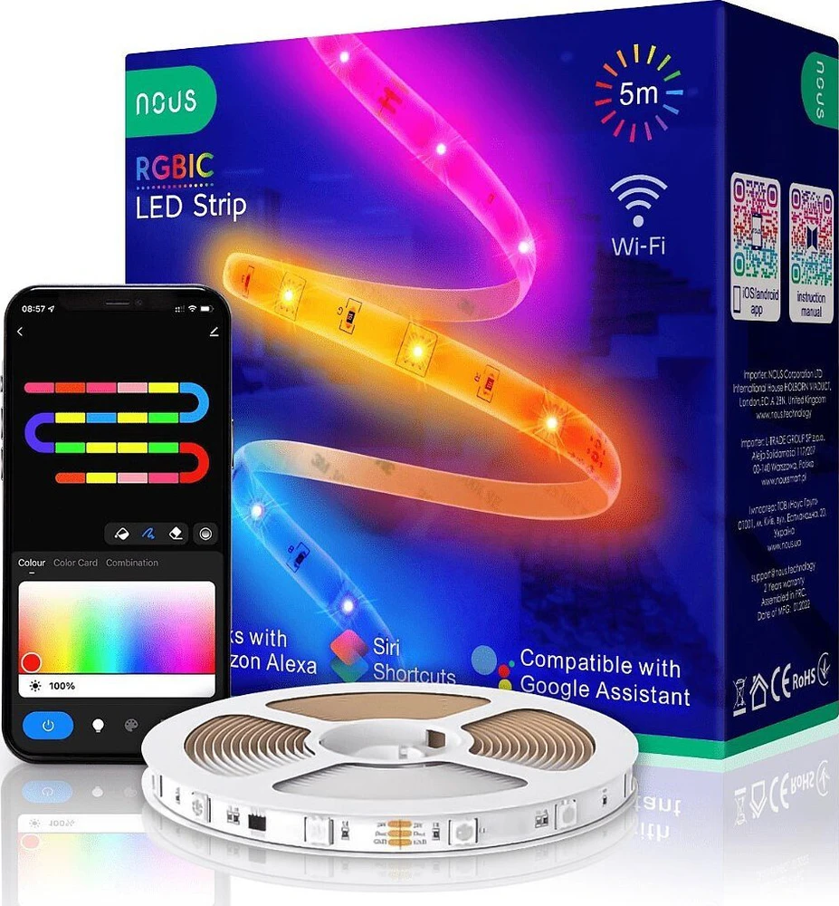 Skaitmeninės LED juostos komplektas su Wi-Fi valdikliu ir maitinimo šaltiniu, RGB IC, 5m, 24W, TUYA / Smart Life, NOUS