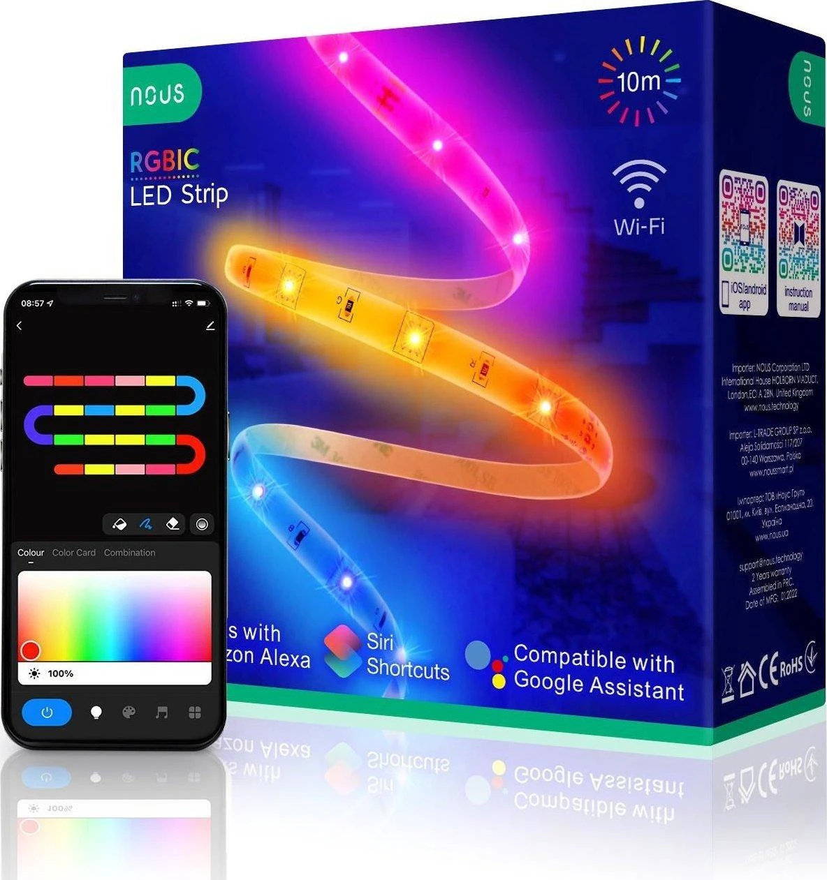 Skaitmeninės LED juostos komplektas su Wi-Fi valdikliu ir maitinimo šaltiniu, RGB IC, 10m, 36W, TUYA / Smart Life, NOUS