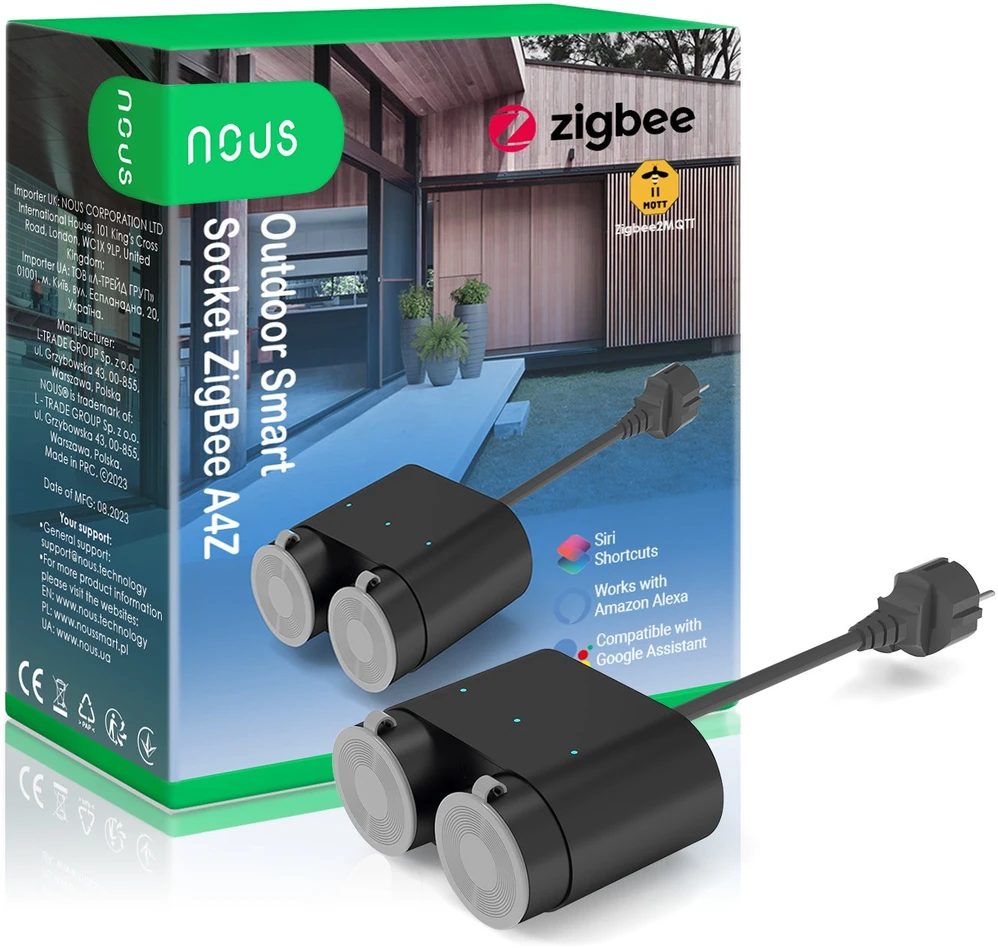 Nous Išmanioji rozetė ZigBee, dviguba, 230Vac 16A, hermetiška IP44, su energijos matavimu, TUYA / Smart Life
