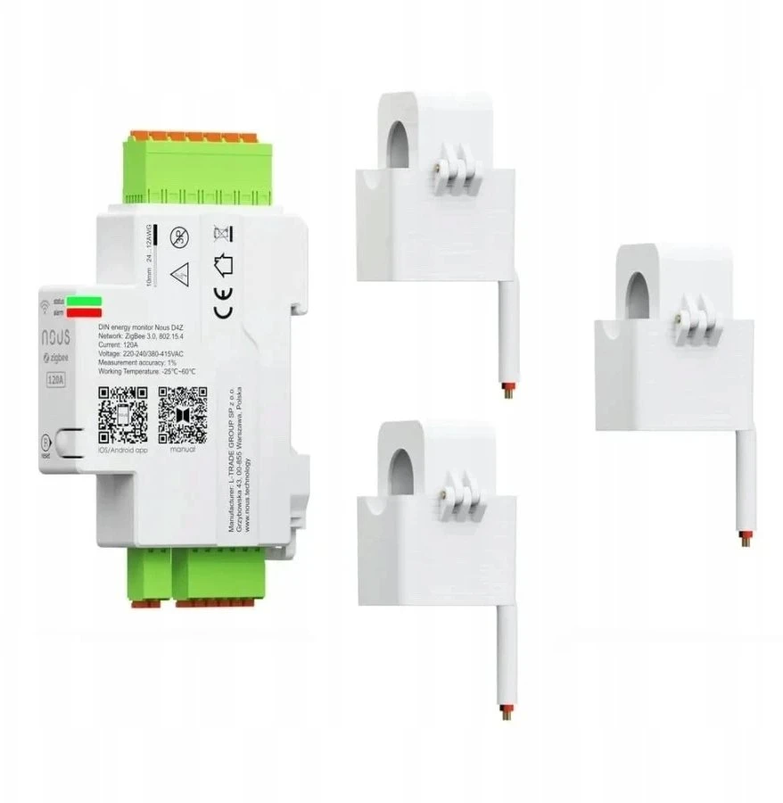 Nous NOUS D4Z „ZigBee“ energijos monitorius 120 A, įskaitant 3 fazių gnybtus / „ZigBee 3.0“