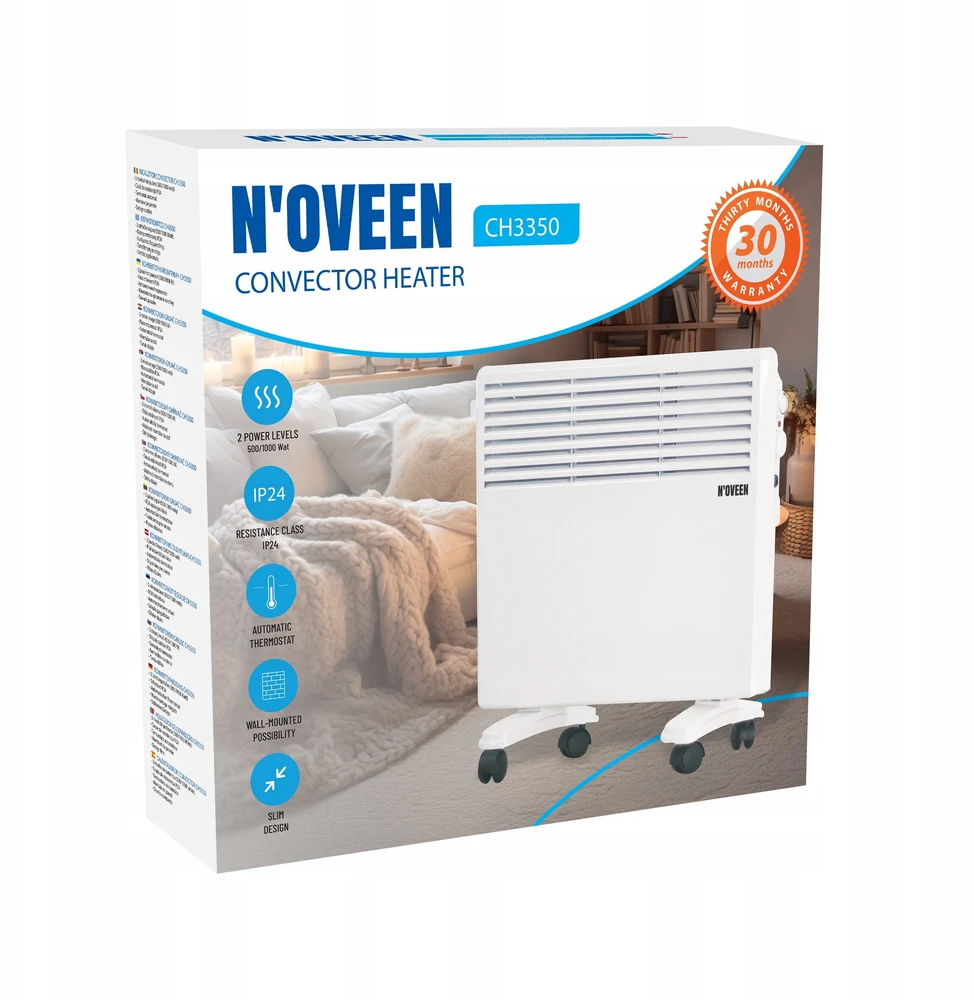 N'OVEEN 1000 W elektrinis nešiojamas sieninis konvekcinis šildytuvas su termostatu CH3350