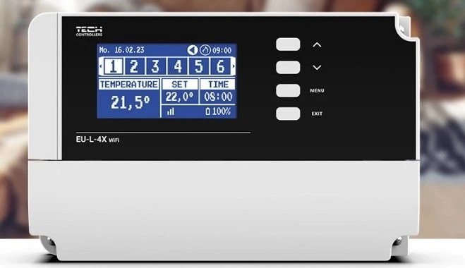 Tech Sterowniki Nowodvorski Laidinis belaidis termostatinis vožtuvo valdiklis L-4X WiFi (4 sekcijų RS485 ryšys)
