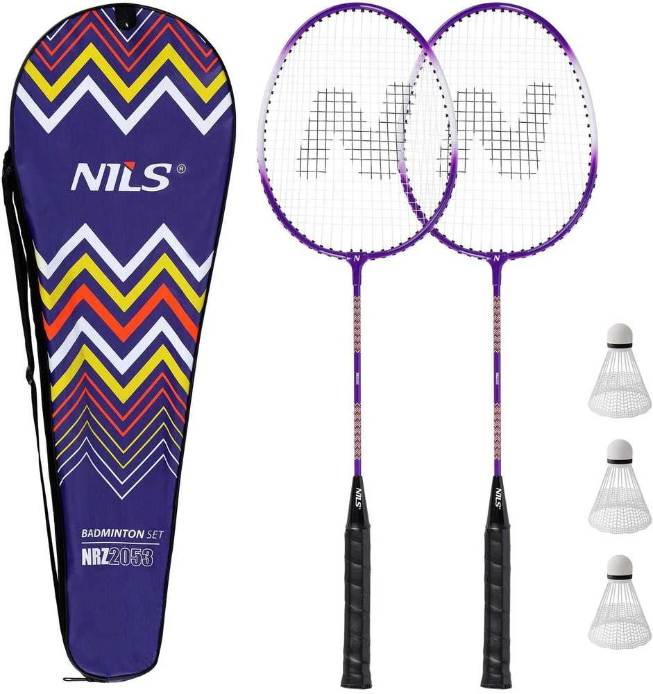 NILS badmintono rinkinys su violetinėmis raketėmis ir dėklu
