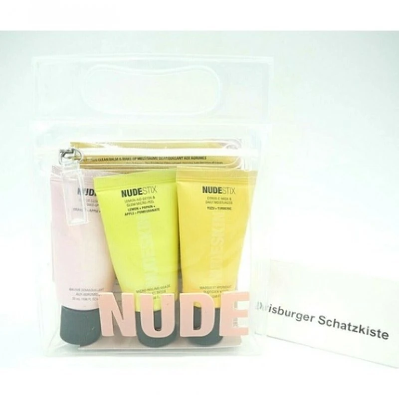 Trijų žingsnių citrusinių vaisių atsinaujinimo rinkinys „Nudestix“: „Lemon-Aid Detox & Glow“ be parabenų šveičiamasis losjonas nuo papilkėjimo, 20 ml + „Nudeskin Citrus-C“ drėkinamoji kreminė veido kaukė, 20 ml + „Nudeskin Citrus“ valomasis balzamas veidui, 20 ml
