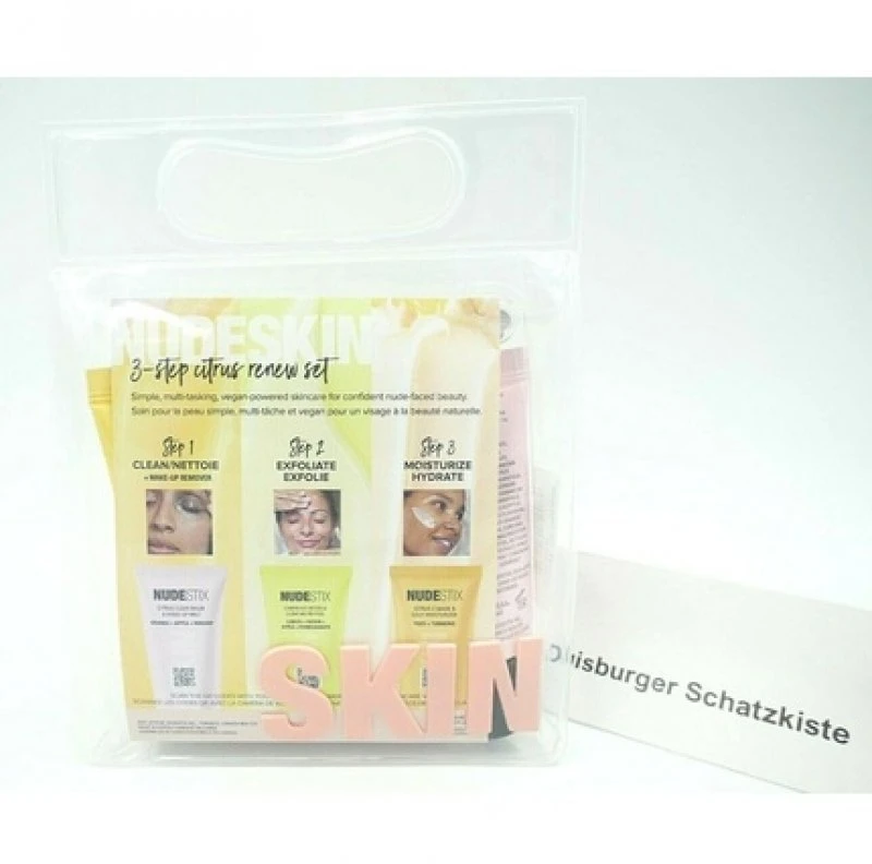 Trijų žingsnių citrusinių vaisių atsinaujinimo rinkinys „Nudestix“: „Lemon-Aid Detox & Glow“ be parabenų šveičiamasis losjonas nuo papilkėjimo, 20 ml + „Nudeskin Citrus-C“ drėkinamoji kreminė veido kaukė, 20 ml + „Nudeskin Citrus“ valomasis balzamas veidui, 20 ml