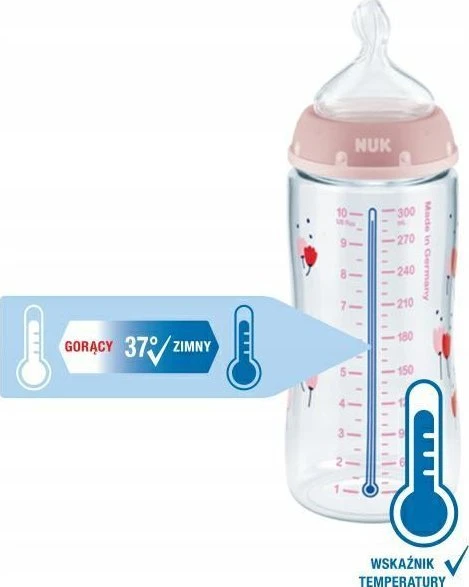 NUK 441120 butelis 300 ml temperatūros indikatorius 0-6 527911, 741926 rožinis