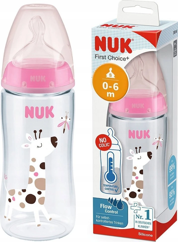 NUK 441120 butelis 300 ml temperatūros indikatorius 0-6 527911, 741926 rožinis