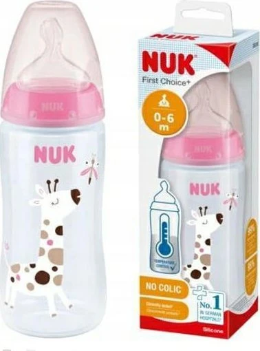 NUK 441120 butelis 300 ml temperatūros indikatorius 0-6 527911, 741926 rožinis