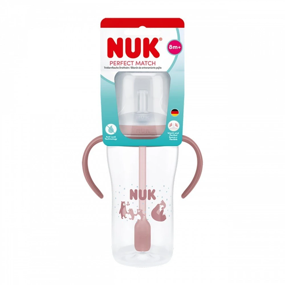 NUK Perfect Match mokomasis kūdikio buteliukas su silikoniniu šiaudeliu BEAR 260 ml