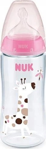 NUK vaikiškas buteliukas su žirafos piešiniu ir rožiniu dangteliu