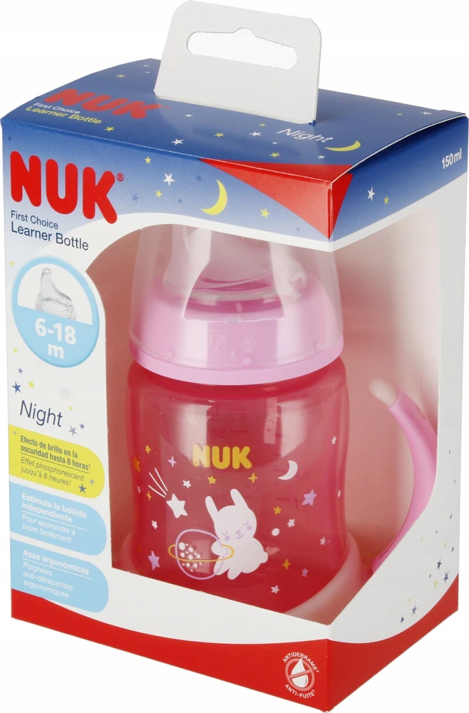 Rožinis Nuk 150ml mokomasis buteliukas su rankenėlėmis