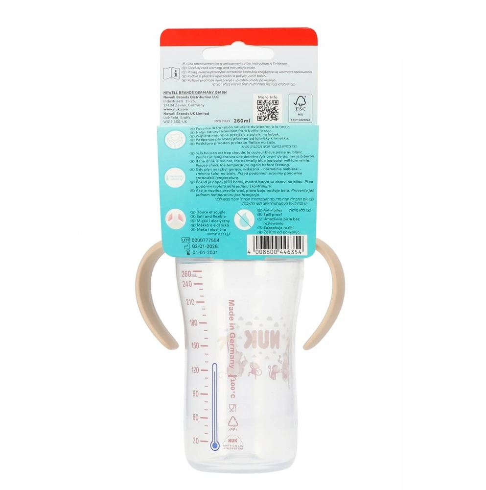 NUK 260ml buteliukas su pakuotės nugarėlės informacija