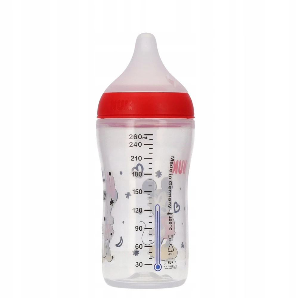 NUK Perfect Match kūdikio buteliukas su temperatūros kontrole Disney Minnie 260 ml raudonas