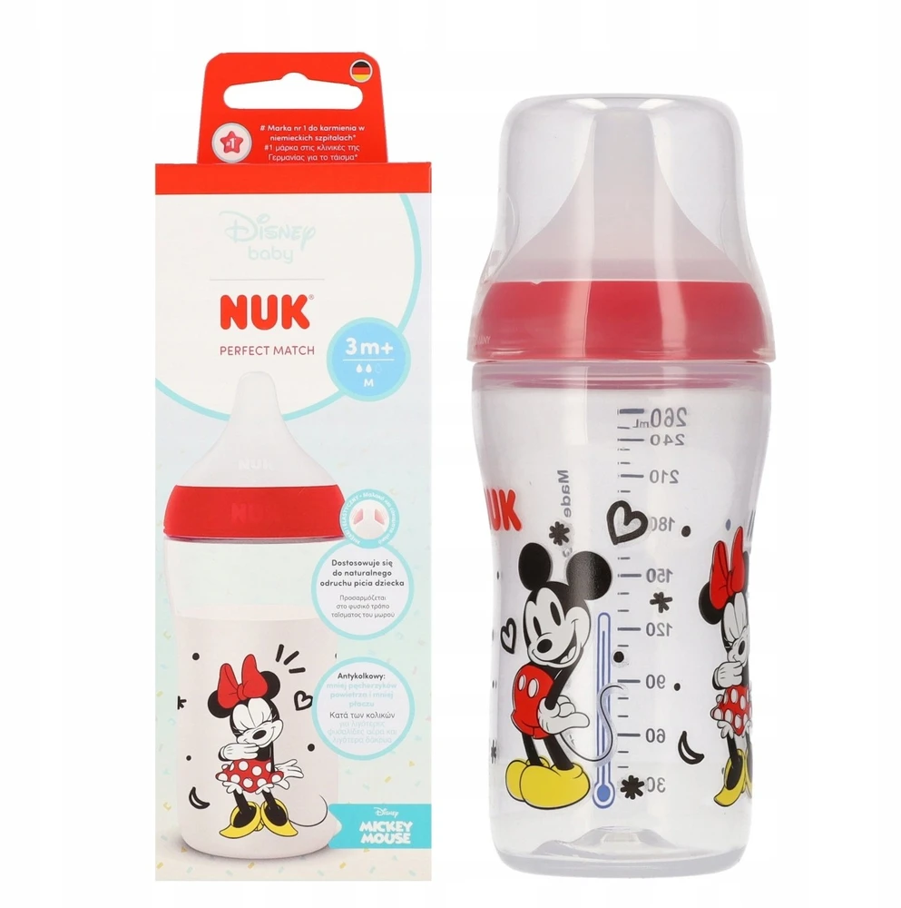 NUK Perfect Match kūdikio buteliukas su temperatūros kontrole Disney Minnie 260 ml raudonas