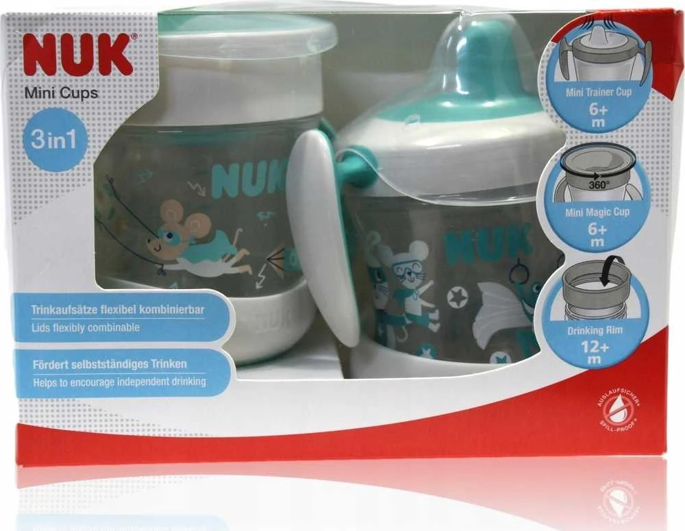 NUK Mini Cups 360° kūdikio puodelis su dangteliu, neutralus