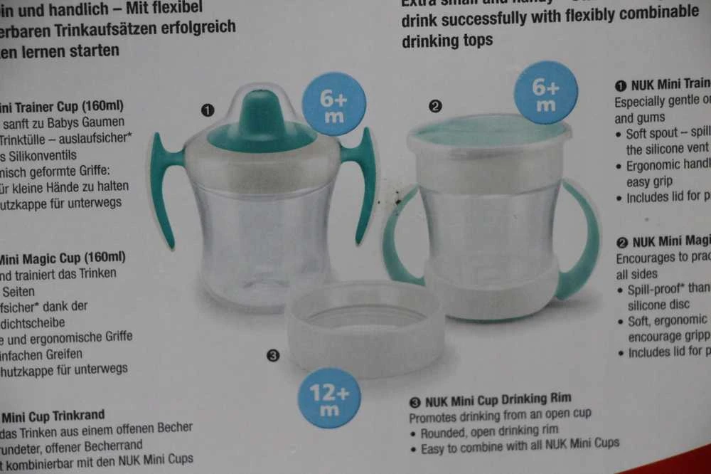 NUK Mini Cups 360° kūdikio puodelis su dangteliu, neutralus