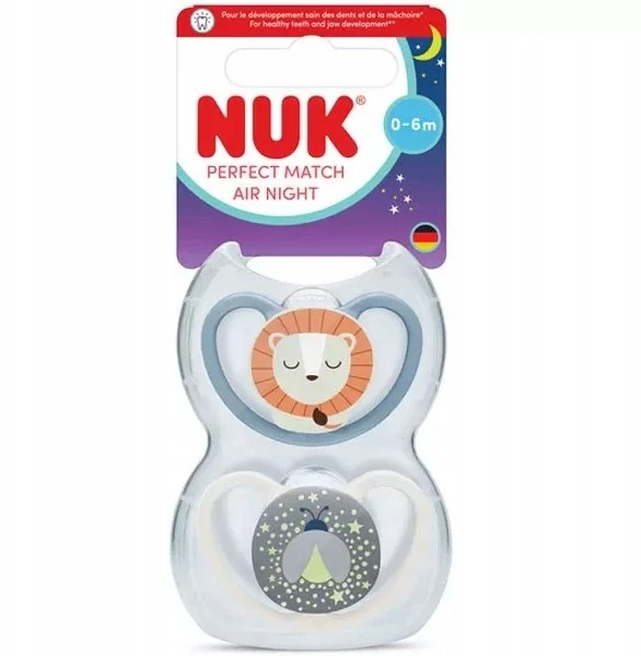 Nuk Perfect Match Air Night silikoniniai čiulptukai 0-6 mėn., šviečiantys tamsoje