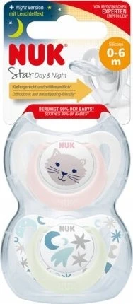 Nuk silikoninis raminamasis čiulptukas 0-6m, 2 vnt., šviečiantis tamsoje