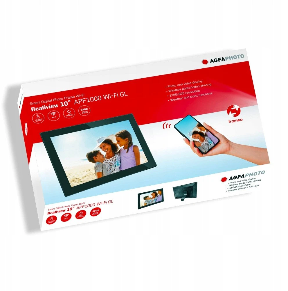 AgfaPhoto Skaitmeninė nuotraukų rėmelis 10'''' LCD HD Stiklas Agfa Wifi Judesio jutiklis Atmintis 32gb / Apf1000 Wi-fi Gl / Juoda