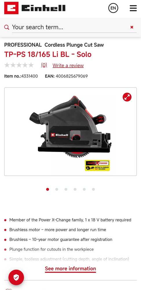 Įgilinamas pjūklas Einhell TP-PS 18/165 Li BL; 18 V; 165 mm (be akumuliatoriaus ir pakrovėjo)