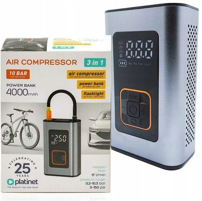 Automobilinis oro kompresorius Platinet 3in1 (4000mAh 10Bar)