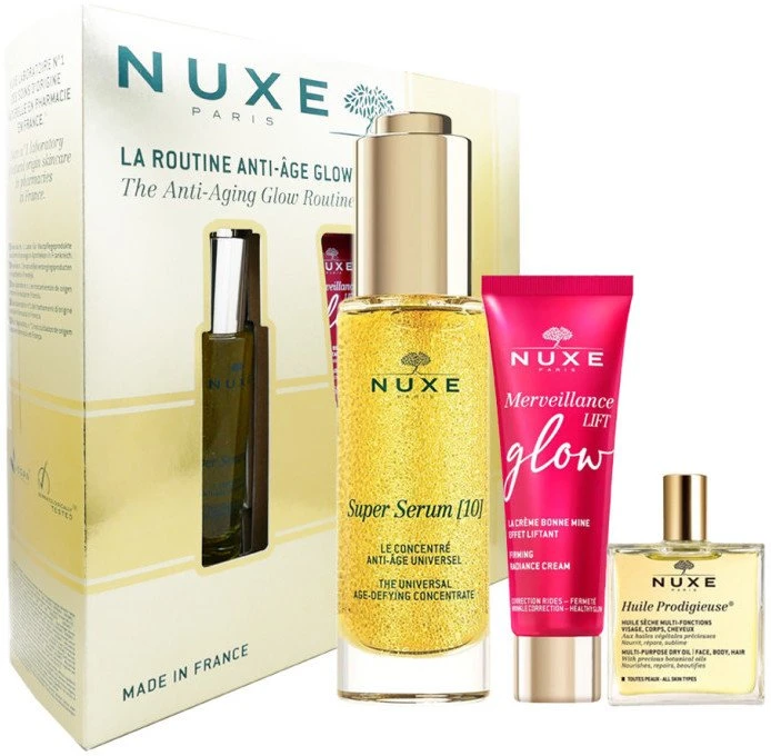 Anti-Aging Glow Routine Set Nuxe: Super Serum [10], Vegan, Anti-Ageing, Day - Night, Serum, For Face - Neck, 30 ml + Merveillanc
