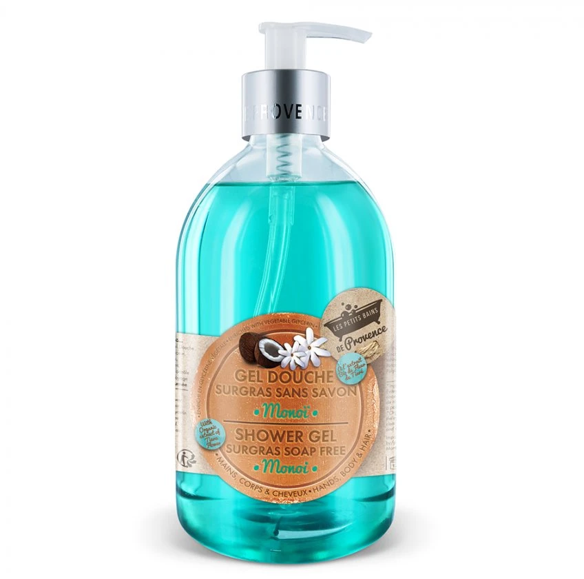 Les Petites Bains de Provence Monoi Dušo želė Kūnui, veidui ir plaukams, jautriai odai, 500 ml