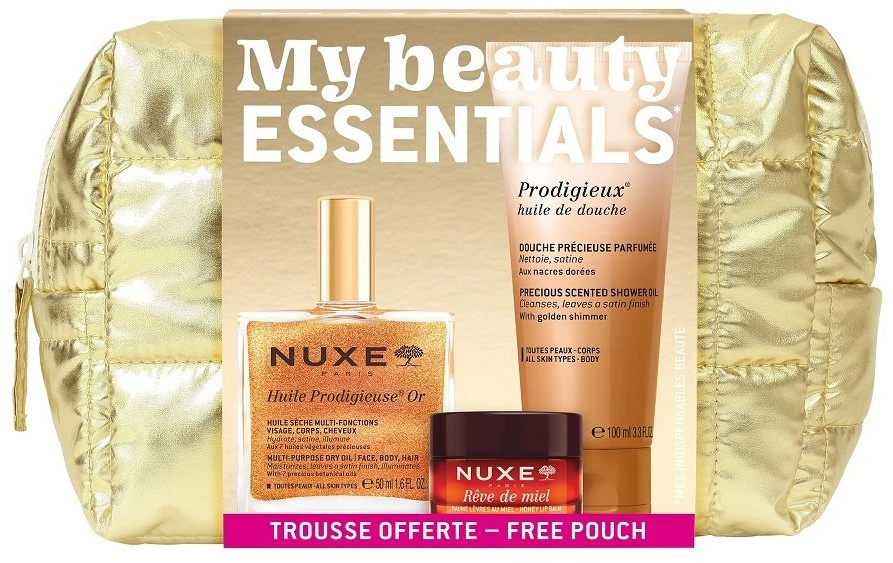 Nuxe „My Beauty Essentials“ rinkinys: aliejus su aukso dalelėmis 50 ml + dušo aliejus 100 ml + lūpų balzamas 15 g