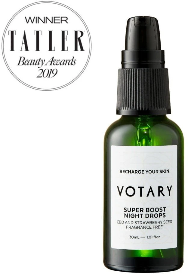 „Votary“, „Super Boost“, CBD – braškių sėklų, atstatomasis, naktinis, aliejus veidui, 30 ml
