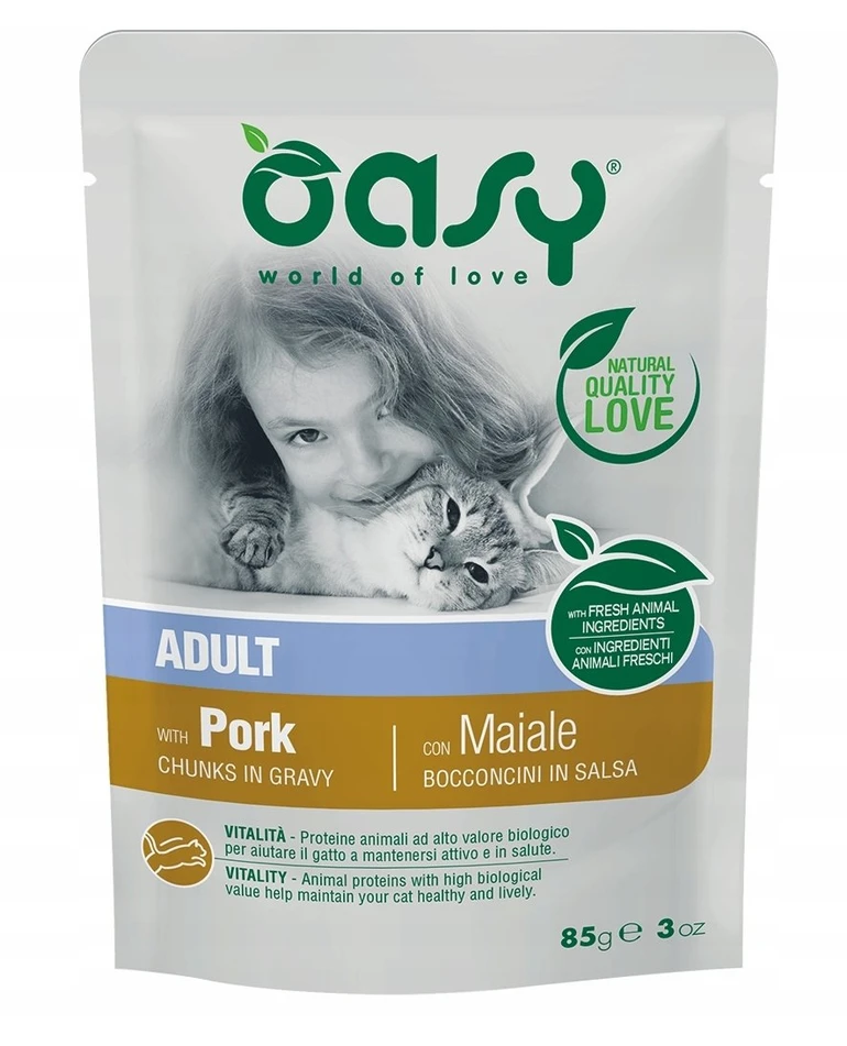 Gyvūnų maistas - Oasy Chunks in Gravy Pork 85g Be glitimo, be sojos
