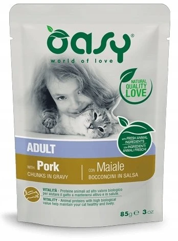 Gyvūnų maistas - Oasy Chunks in Gravy Pork 85g Be glitimo, be sojos