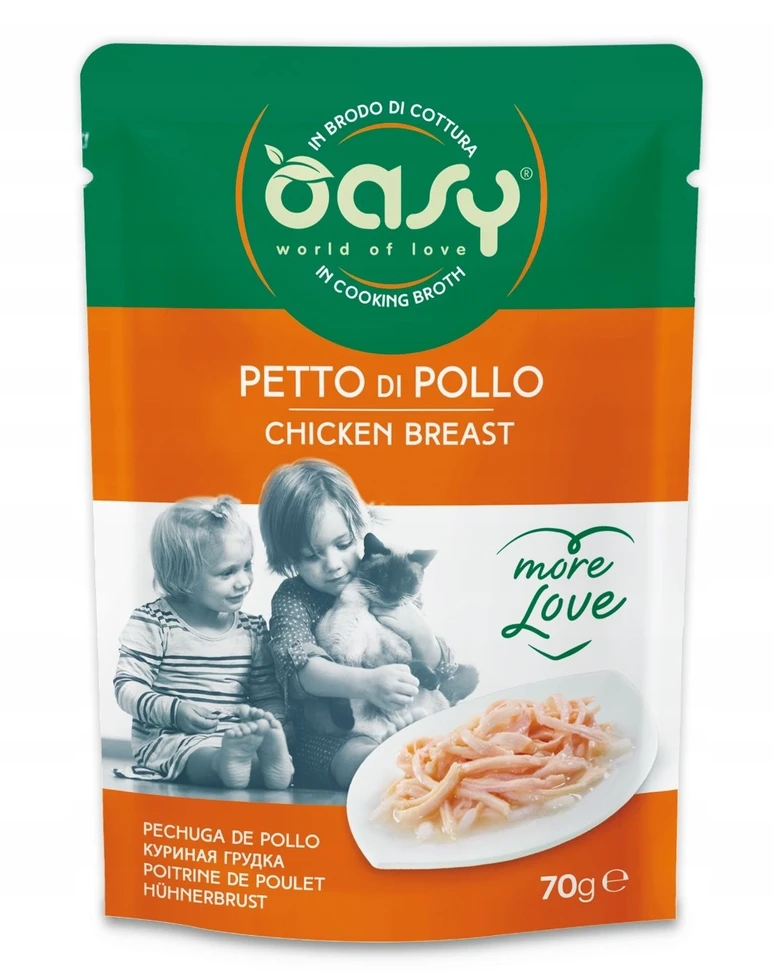Kačių maistas - Oasy More Love vištienos krūtinėlės drėgnas kačių maistas 70g be glitimo