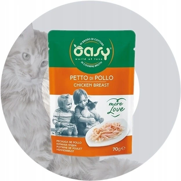 Kačių maistas - Oasy More Love vištienos krūtinėlės drėgnas kačių maistas 70g be glitimo