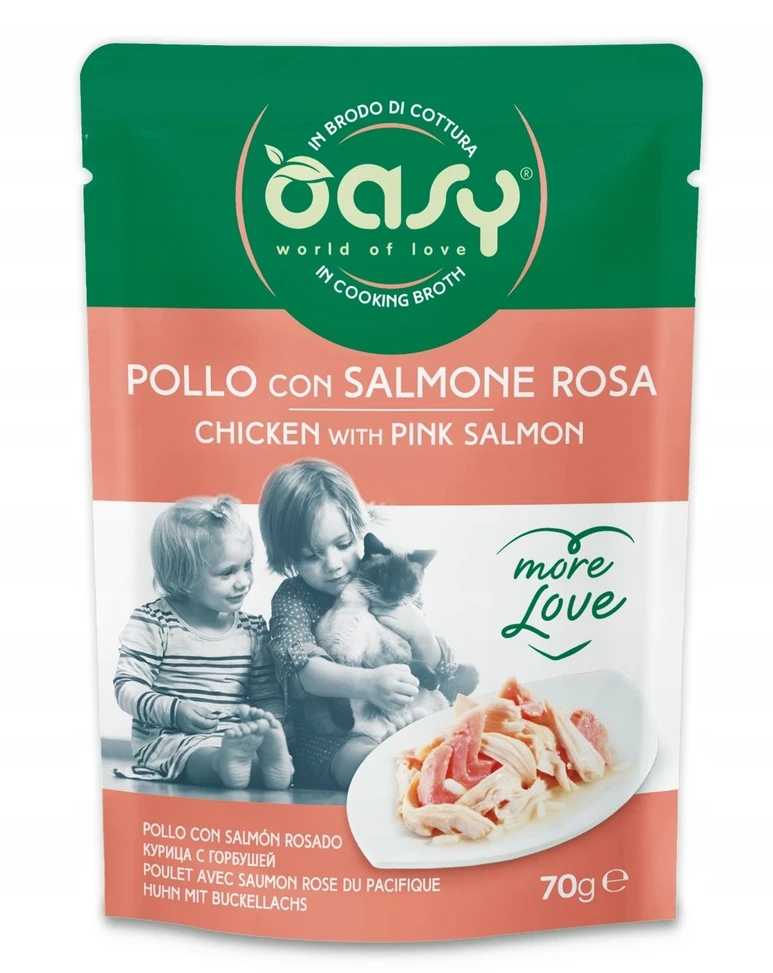 Kačių maistas - Oasy More Love Vištiena su Lašiša Šlapias Kačių Maistas 70g