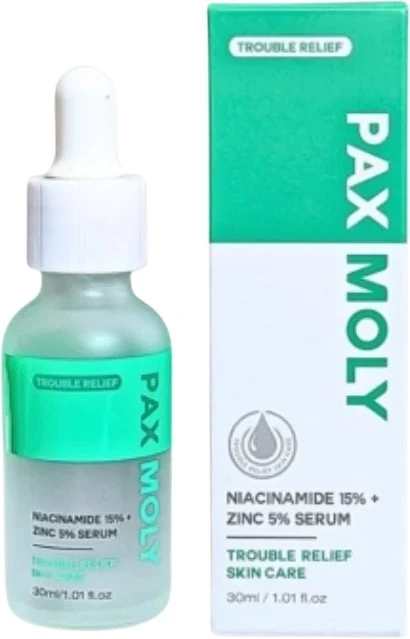 PaxMoly Trouble Relief niacinamidas 15% + cinkas 5% šviesinantis ir valantis dieninis bei naktinis serumas veidui, 30 ml