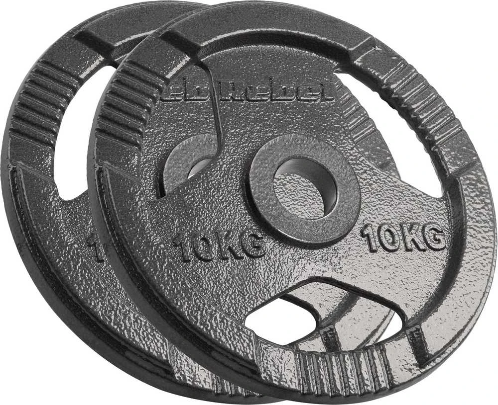 Ketaus olimpinių svarmenų rinkinys 2 x 10 kg, 51 mm skylė, plokštė su rankenomis, REBEL ACTIVE