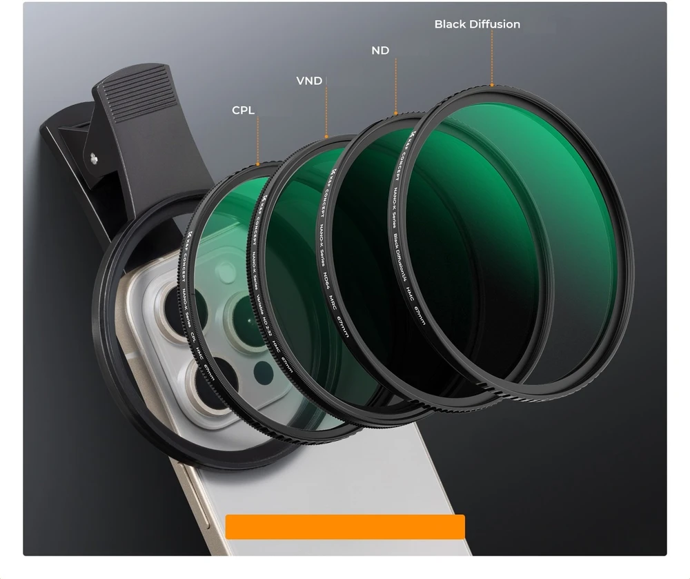 Kf Objektyvas Lęšis Filtras 2in1 Juodas Diffusion 1/4 + CPL Telefonui 67mm Klips / Kf01.2900v2