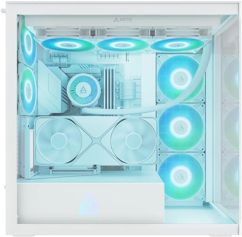 „Arctic Xtender“ (Baltas) skaidrus langas su vertikaliu GPU laikikliu