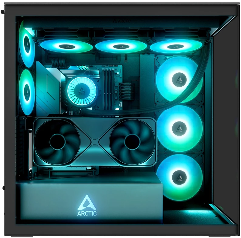 Arctic Xtender (Juodas) mirrow juodas window with GPU vertical mount