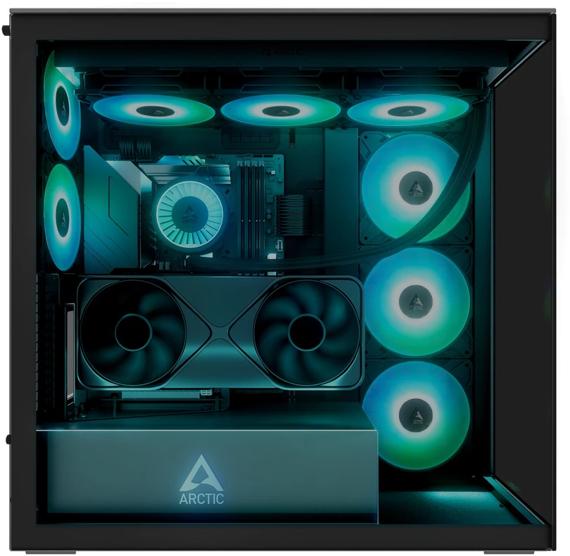 ARCTIC Xtender kompiuterio korpusas, Midi-Tower, E-ATX, RGB, Tempered Glass – includes vertical GPU mount & riser cable, juodos spalvos