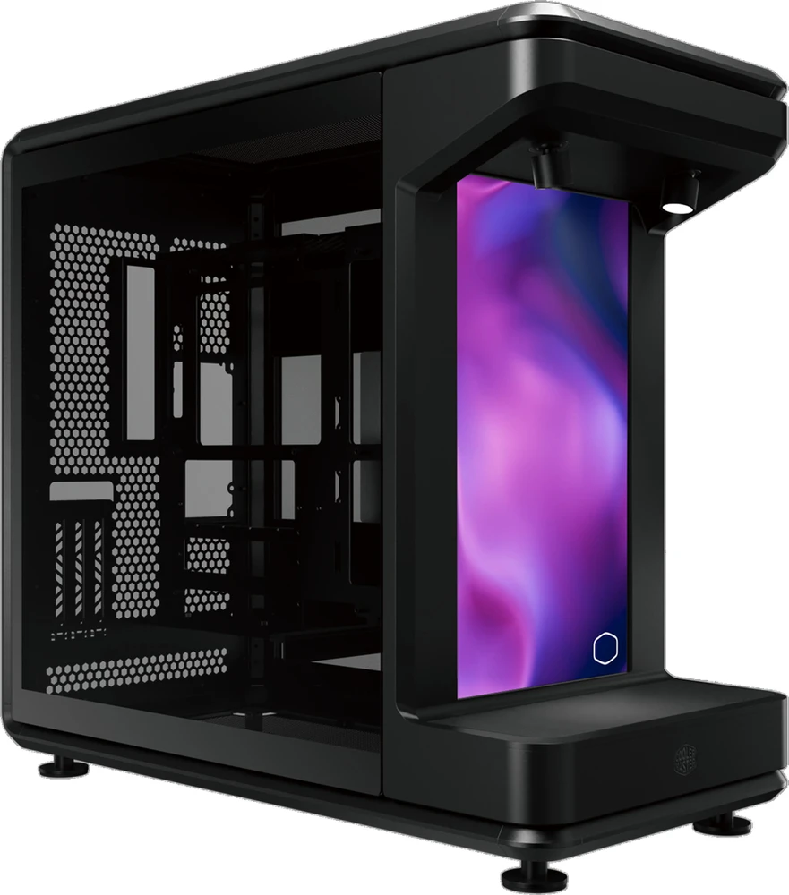 „Cooler Master MasterFrame 360 Stage LCD“, bokšto formos korpusas - juodas, 2 grūdinto stiklo ekranai