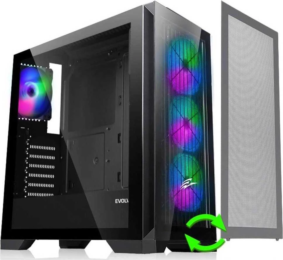 EVOLVEO Ptero Q2+, 2x priekinis skydelis - stiklas / tinklelis, ATX dėklas, juodas, 4x ARGB ventiliatorius