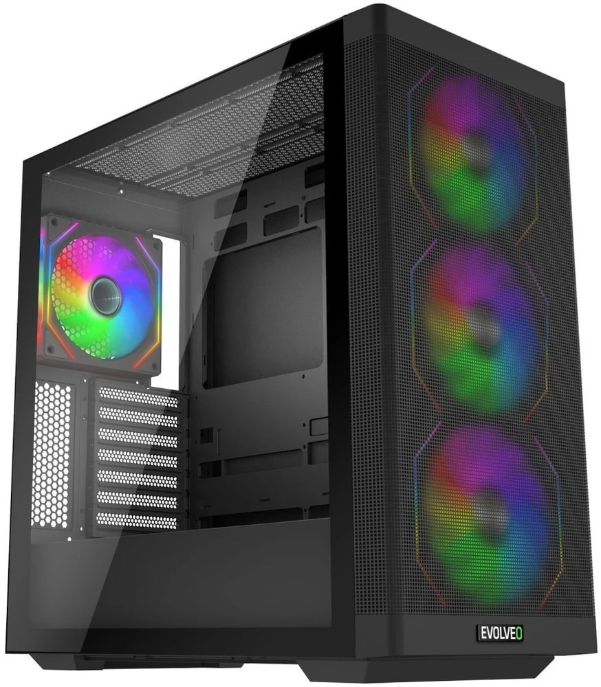 „EVOLVEO Scorpio“, eATX/ATX korpusas, 4x ARGB 120 mm ventiliatoriai, grūdinto stiklo šoninė panelė + tinklelio priekinė panelė