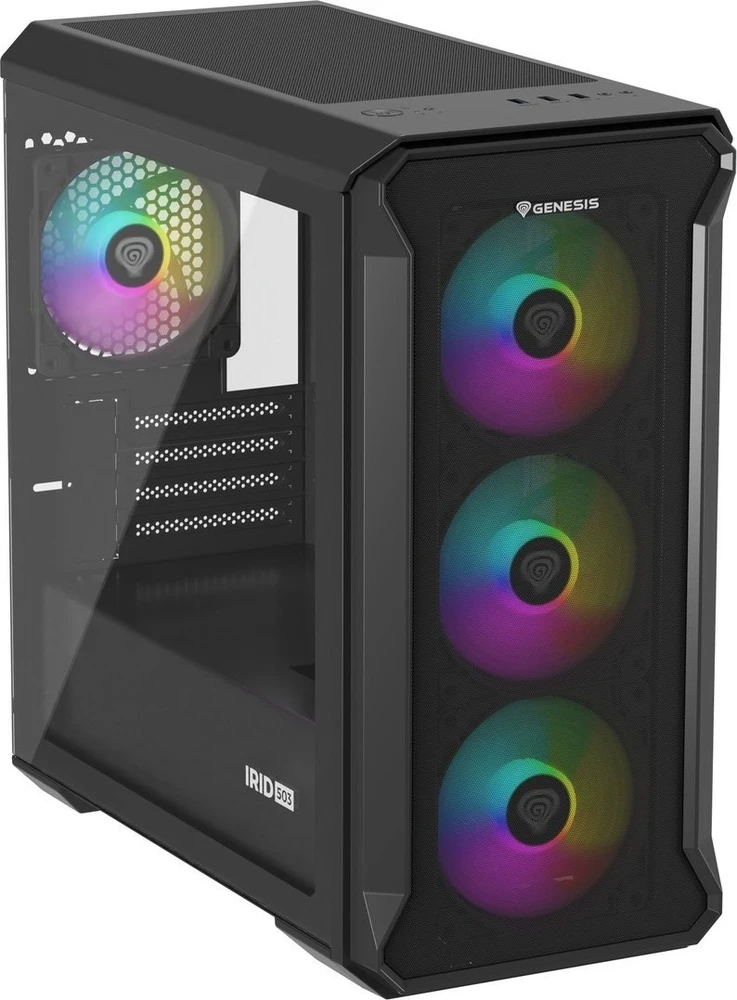 GENESIS IRID 503 ARGB kompiuterio korpusas, Micro tower, 2xUSB 2.0, 2x Jack, 1xUSB 3.0, Juodas | Genesis | IRID 503 ARGB | ATX | Juodas