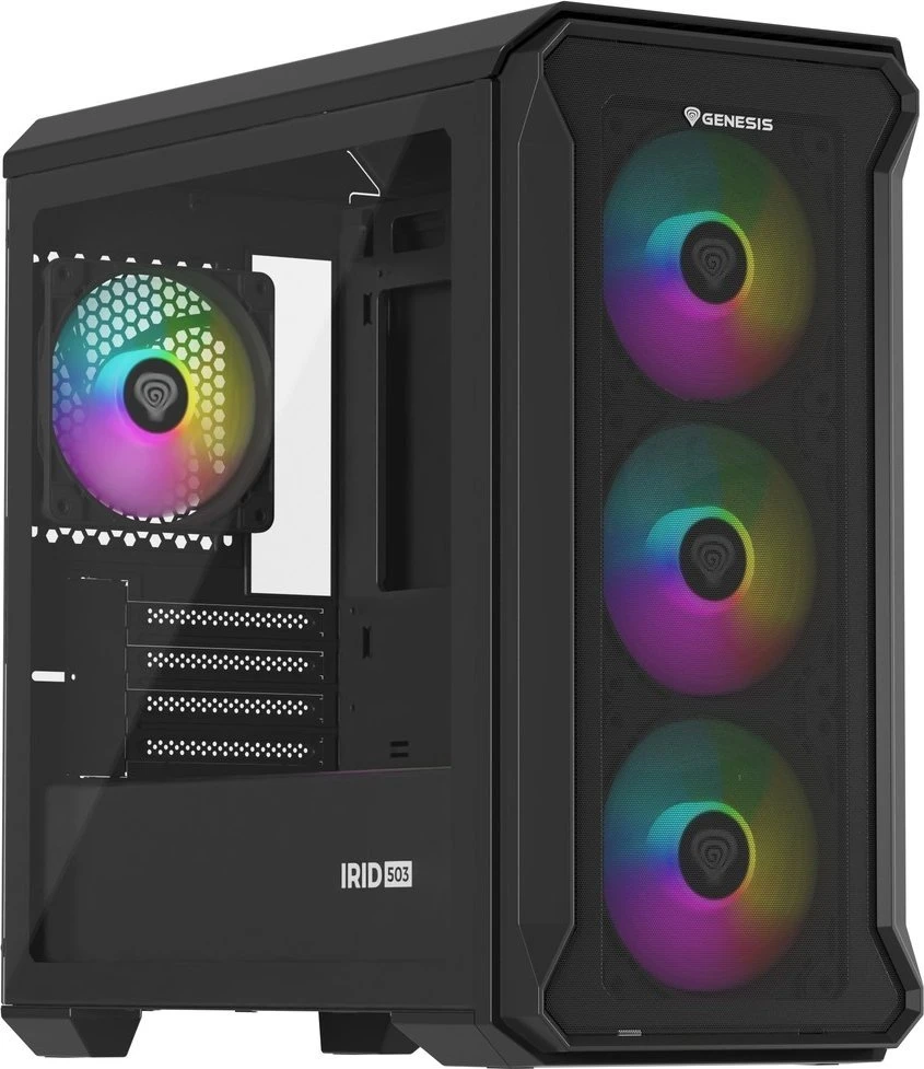 GENESIS IRID 503 ARGB kompiuterio korpusas, Micro tower, 2xUSB 2.0, 2x Jack, 1xUSB 3.0, Juodas | Genesis | IRID 503 ARGB | ATX | Juodas
