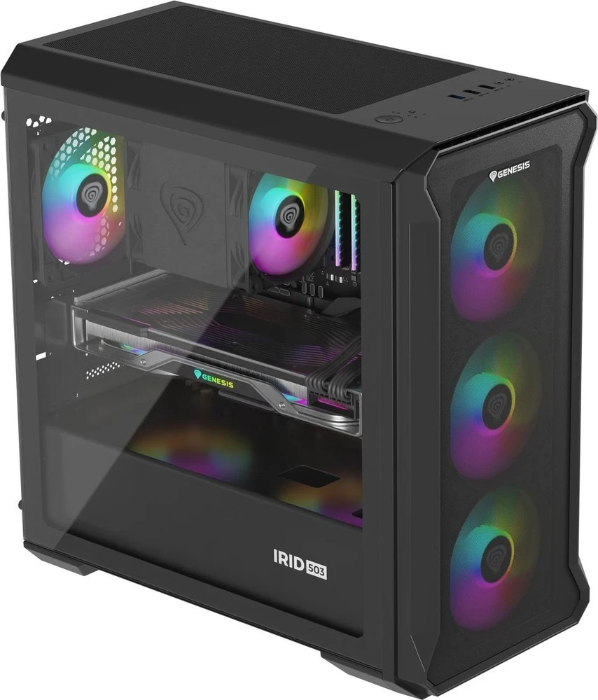 GENESIS IRID 503 ARGB kompiuterio korpusas, Micro tower, 2xUSB 2.0, 2x Jack, 1xUSB 3.0, Juodas | Genesis | IRID 503 ARGB | ATX | Juodas