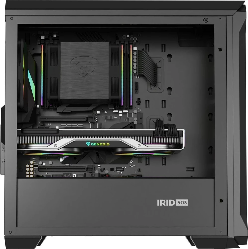 GENESIS IRID 503 ARGB kompiuterio korpusas, Micro tower, 2xUSB 2.0, 2x Jack, 1xUSB 3.0, Juodas | Genesis | IRID 503 ARGB | ATX | Juodas