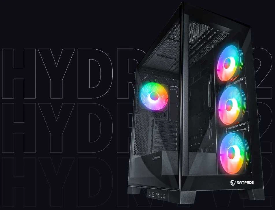 Rampage Hydra V2 kompiuterio dėklas akvariumui, 4 ventiliatoriams, ARGB, juodas