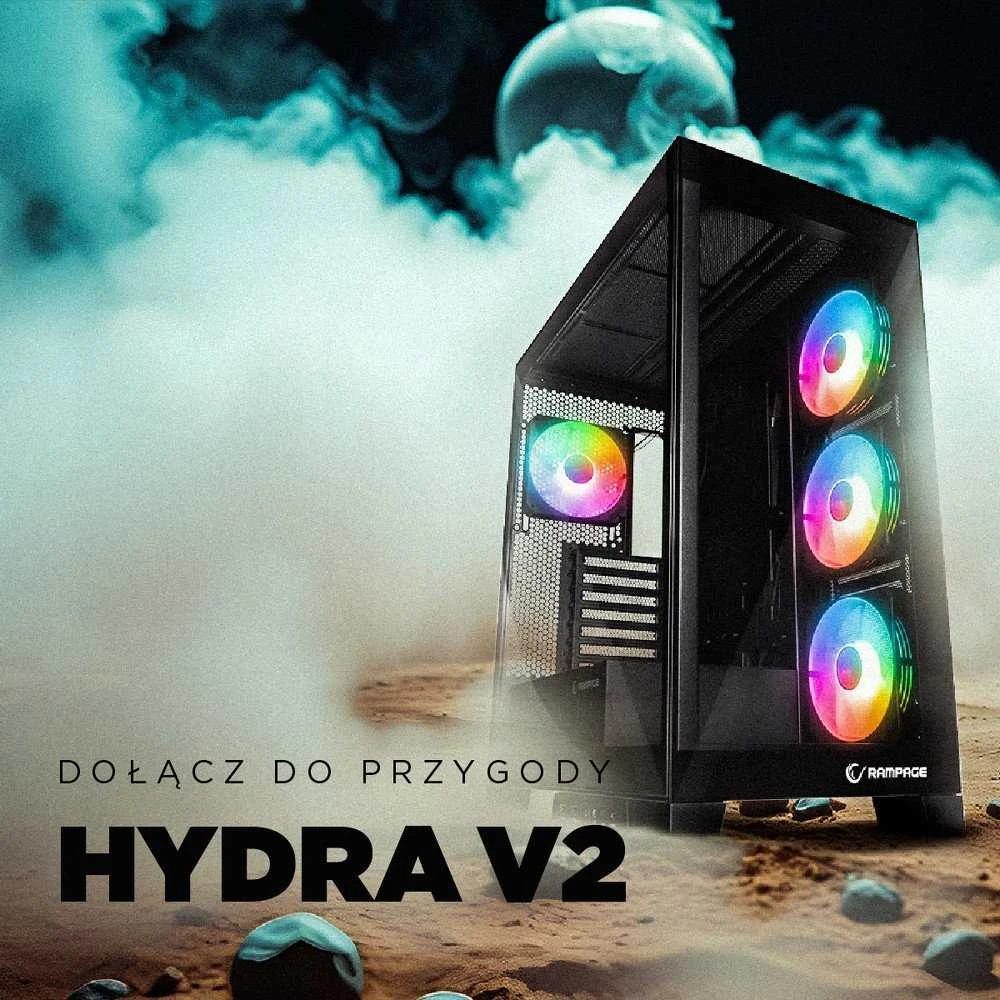 Rampage Hydra V2 kompiuterio dėklas akvariumui, 4 ventiliatoriams, ARGB, juodas
